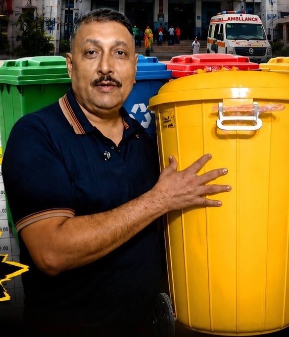 bihar dustbin | No. 1 Indian Media News Portal Middle-aged man in a navy polo stands beside a large yellow trash bin, with blue and green bins behind him and an ambulance visible in the background.