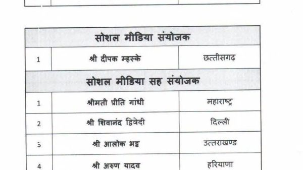 Hindi document page listing media coordinators and social media coordinators with names and their locations, plus an official seal and signature at the bottom.
