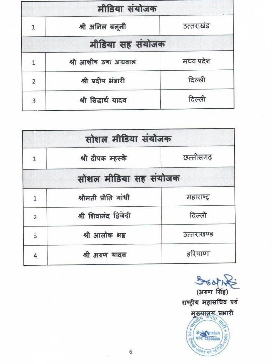 Hindi document page listing media coordinators and social media coordinators with names and their locations, plus an official seal and signature at the bottom.