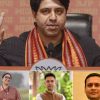 Collage of four Indian politicians: top center a BJP leader speaking with hands raised, backdrop shows BJP symbols; bottom left a smiling woman in a sari, outdoors; bottom middle a man in a brown Nehru jacket outdoors; bottom right a man in a suit against a beige wall.