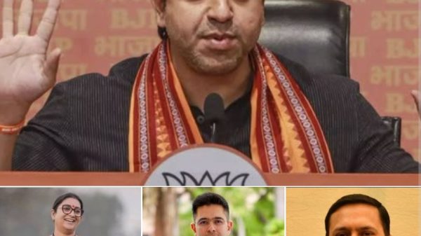 Collage of four Indian politicians: top center a BJP leader speaking with hands raised, backdrop shows BJP symbols; bottom left a smiling woman in a sari, outdoors; bottom middle a man in a brown Nehru jacket outdoors; bottom right a man in a suit against a beige wall.