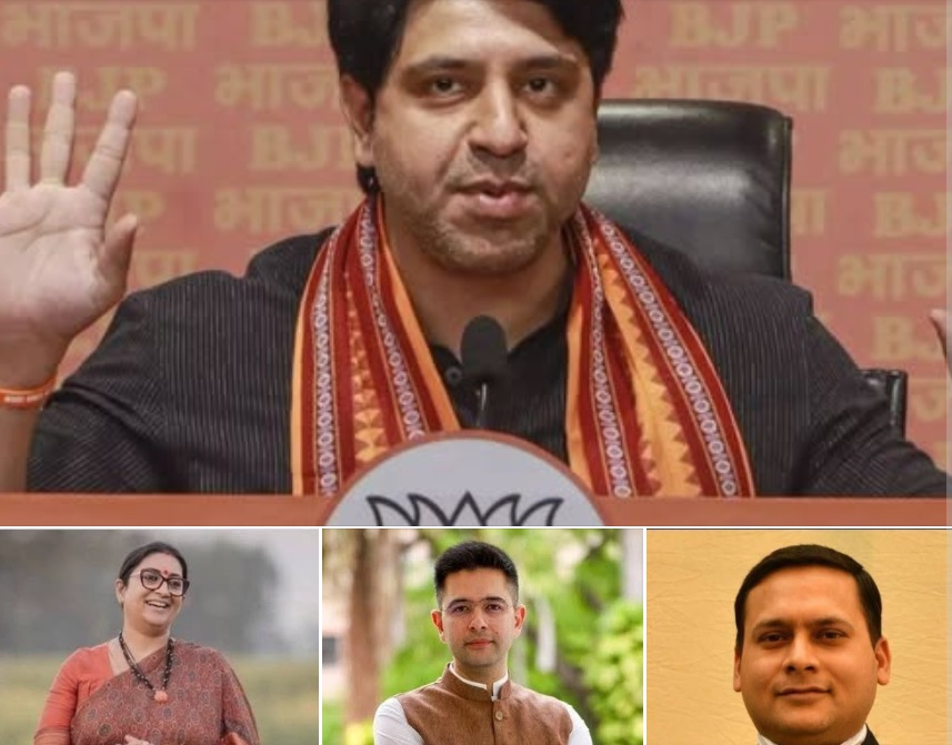 Collage of four Indian politicians: top center a BJP leader speaking with hands raised, backdrop shows BJP symbols; bottom left a smiling woman in a sari, outdoors; bottom middle a man in a brown Nehru jacket outdoors; bottom right a man in a suit against a beige wall.