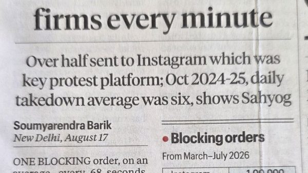 Express Special headline: Govt sent one blocking order to social media firms every minute; subheading on Instagram takedowns (Aug 2024).