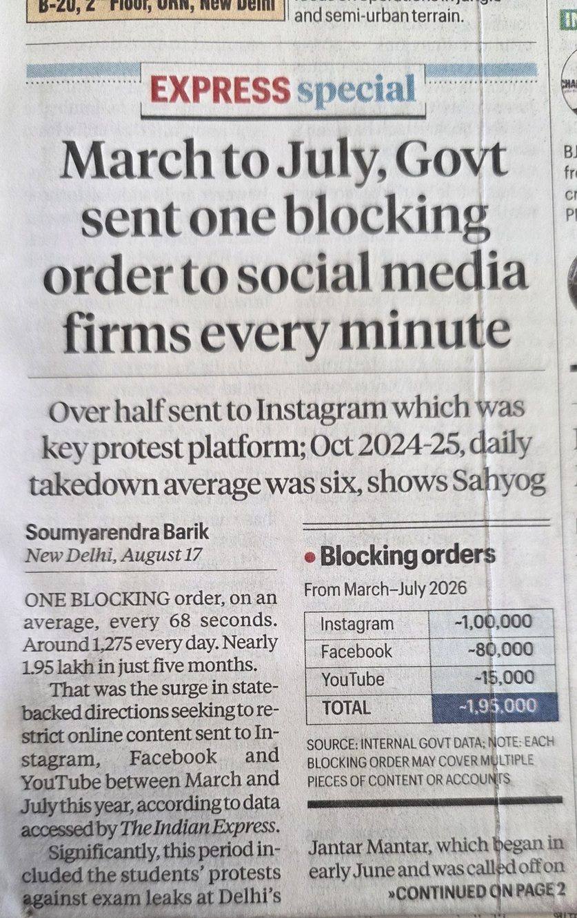 Express Special headline: Govt sent one blocking order to social media firms every minute; subheading on Instagram takedowns (Aug 2024).
