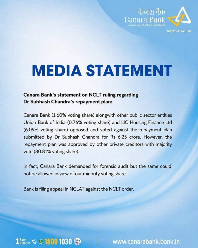 canara bank | No. 1 Indian Media News Portal Canara Bank media statement poster about the NCLT ruling on Dr Subhash Chandra's repayment plan.