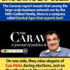 Meme-style image with a bold yellow banner reading SHOCKING EXPOSE!!!, then a blue panel claiming a Caravan report says Rambal Agro exports beef; a black section shows The Caravan logo and a smiling man in a blue shirt, with yellow bottom text accusing slogans about Gau Mata.