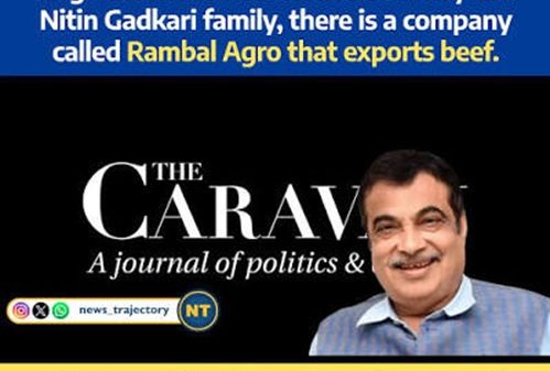 Meme-style image with a bold yellow banner reading SHOCKING EXPOSE!!!, then a blue panel claiming a Caravan report says Rambal Agro exports beef; a black section shows The Caravan logo and a smiling man in a blue shirt, with yellow bottom text accusing slogans about Gau Mata.