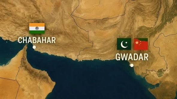 Satellite map showing Chabahar and Gwadar labeled along the coast with small flag icons.