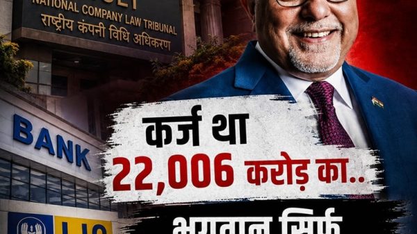 Hindi news thumbnail: smiling man in suit and cap with NCLT building, bank and LIC logos, bold headlines about a Rs 22,006 crore case.