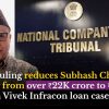 Video thumbnail: man in a peaked cap and glasses beside a bold news headline about NCLT ruling reducing liability in a Vivek Infracon loan case.