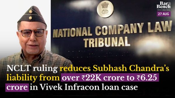 Video thumbnail: man in a peaked cap and glasses beside a bold news headline about NCLT ruling reducing liability in a Vivek Infracon loan case.
