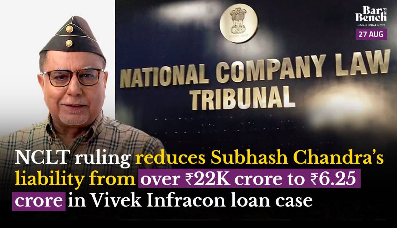 Video thumbnail: man in a peaked cap and glasses beside a bold news headline about NCLT ruling reducing liability in a Vivek Infracon loan case.