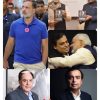 Collage showing four panels: a man in a blue polo walking, two men at a book event holding books, two men sharing a warm hug, and two men in suits facing the camera with a red 'VS' at the bottom.