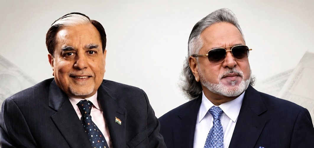 Two mature men in business suits posing for a photo; left man wears a pink shirt and Indian flag pin, right man wears sunglasses and a navy suit.