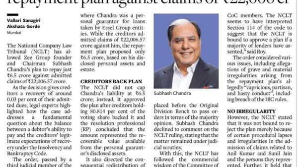 News article: NCLT clears Subhash Chandra's ₹6.5 crore repayment plan against ₹22,006 crore in claims; portrait of Subhash Chandra.