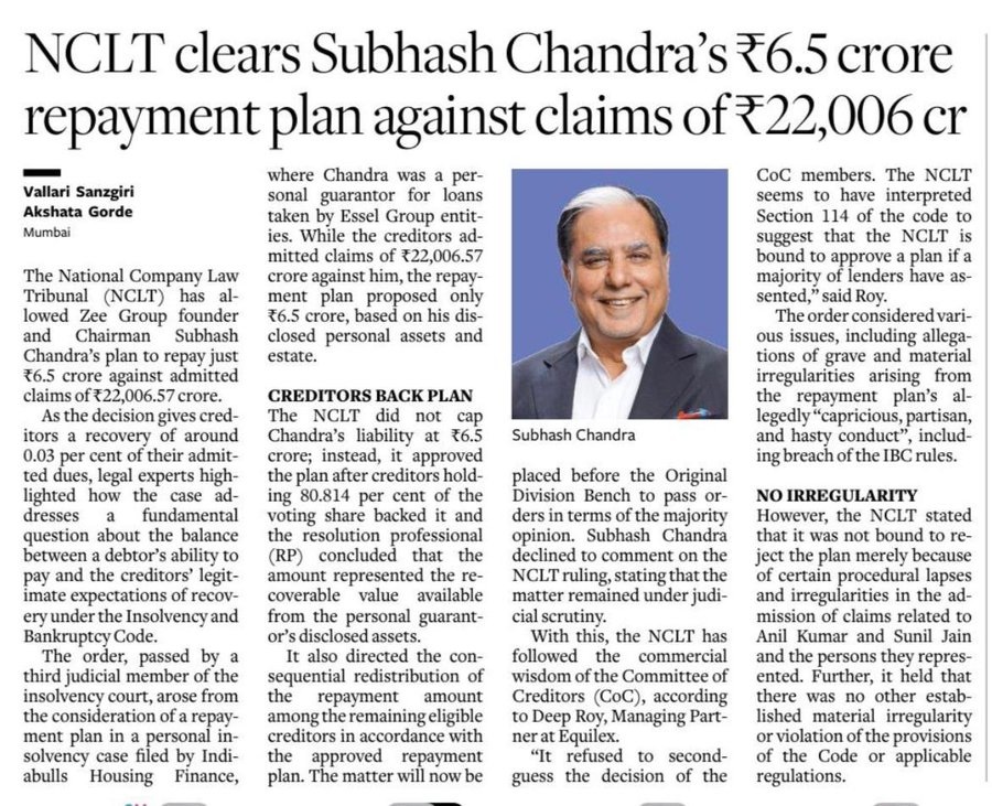 chandra_nclt | No. 1 Indian Media News Portal News article: NCLT clears Subhash Chandra's ₹6.5 crore repayment plan against ₹22,006 crore in claims; portrait of Subhash Chandra.