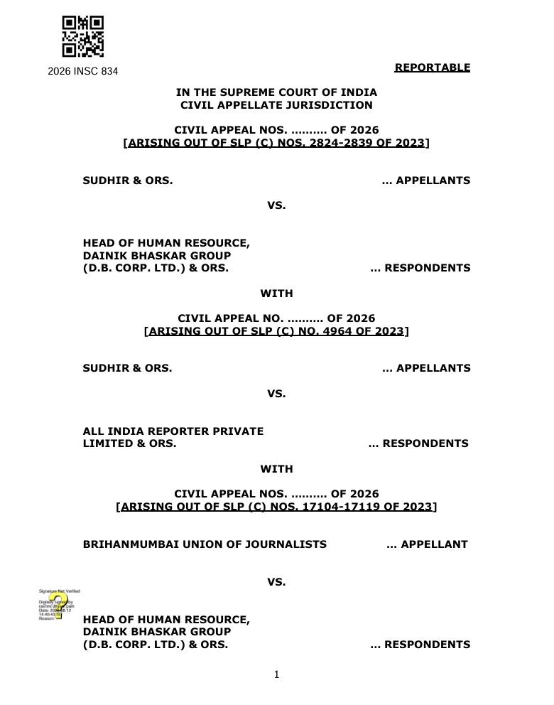 Cover page of a 2026 Supreme Court of India civil appeal with multiple case titles, a QR code top left, and 'REPORTABLE' in bold.