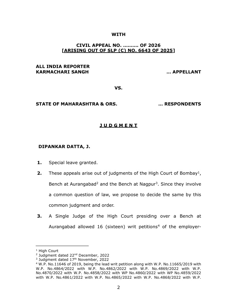 Court judgment cover page with title JUDGMENT and party names: Appellant versus Respondents in a Maharashtra case excerpted text lines and footnotes on page 2.