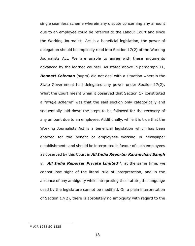 Page 18 of a legal document with dense paragraphs and a footnote reading 18 AIR 1988 SC 1325.