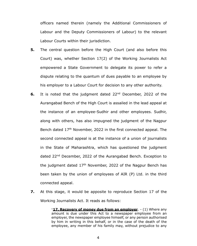 Page 4 of a legal document with sections 5–7 about the Working Journalists Act, shown as dense paragraph text.