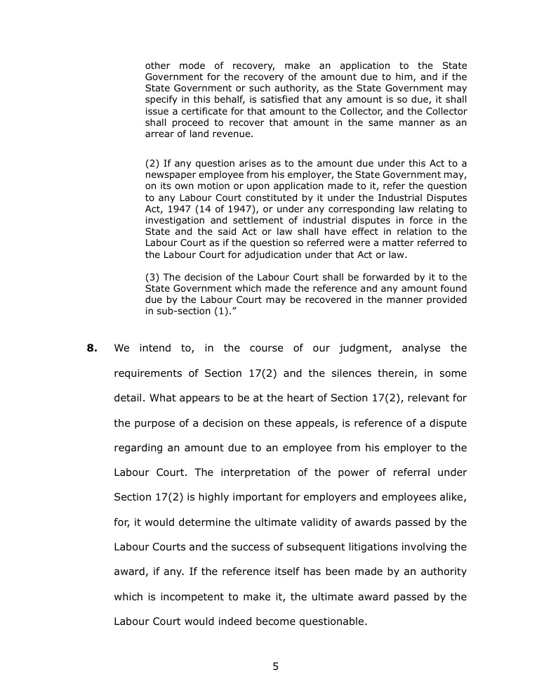 Page 5 of a formal legal document discussing recovery, certificates, and Labour Court references under Section 17(2) (employers and employees).