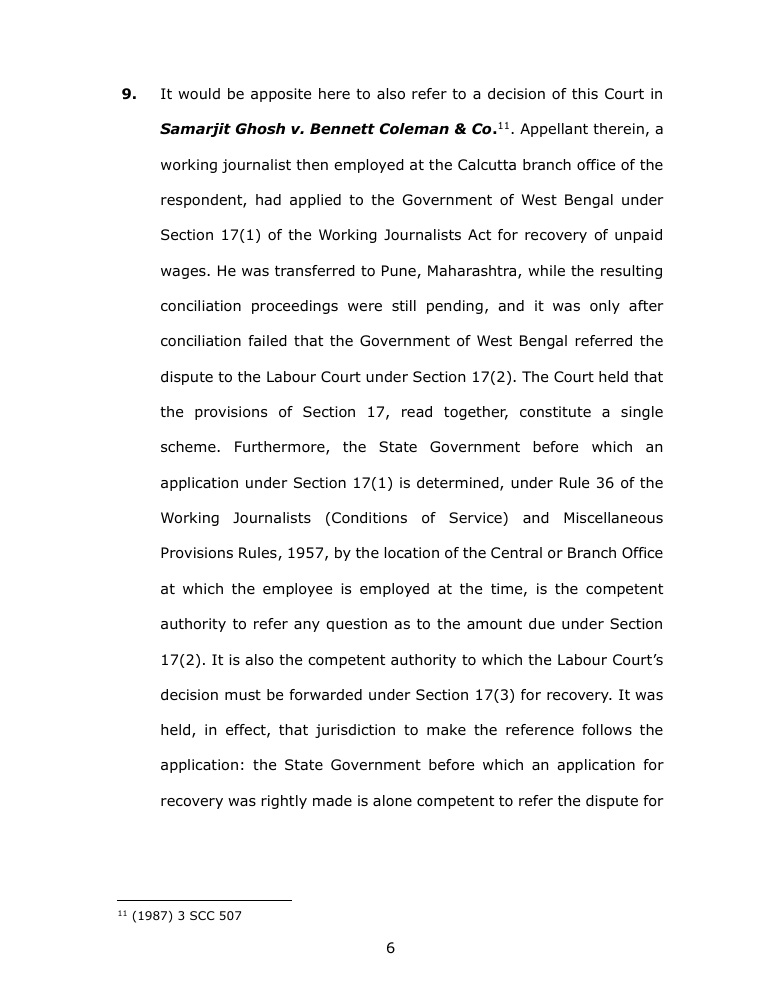 Page from a legal judgment discussing Samajit Ghosh v. Bennett Coleman & Co., with case details and a bottom-centre page number (6).