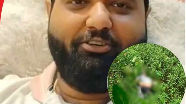 News interview image: man speaking into a microphone with NBT logo, Hindi headline below about someone saying 'I am alive' and watching death news; circular blurred inset shows a person in greenery.