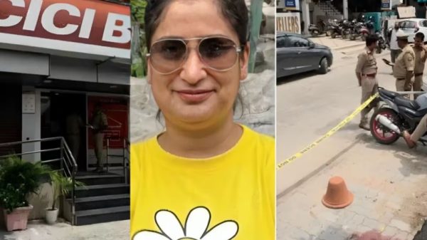 Collage of three scenes: a storefront, a woman in a yellow shirt with sunglasses, and a taped-off street with police nearby.