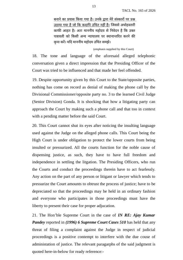 durga_12 | No. 1 Indian Media News Portal Page 13 of TACL No. 165 of 2026; bilingual court document page with Hindi text and English paragraphs about telephonic calls and a Supreme Court case.
