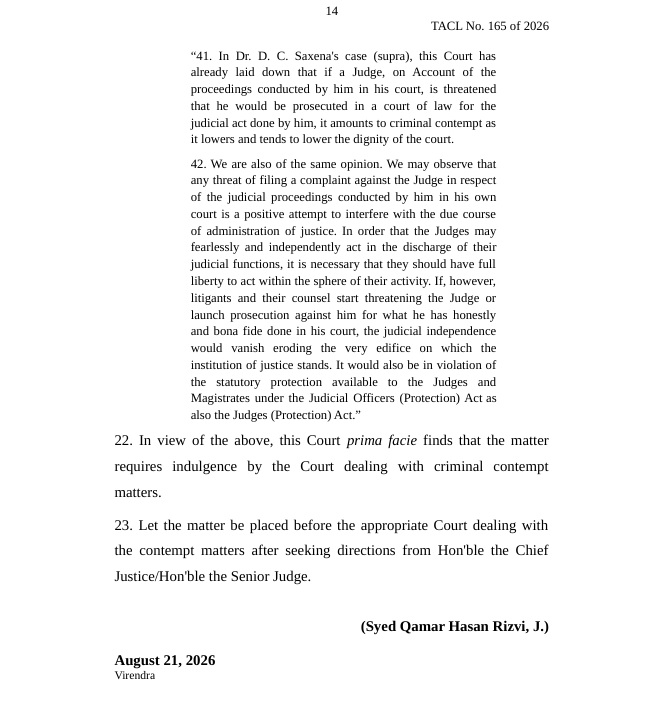 durga_13 | No. 1 Indian Media News Portal Page 14 of a court decision (TACL No. 165 of 2026) with dense paragraphs discussing contempt and judicial independence; includes the judge's signature (Syed Qamar Hasan Rizvi, J.) and the date August 21, 2026.