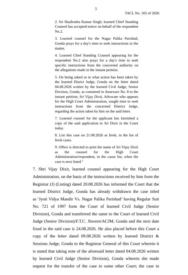 durga_4 | No. 1 Indian Media News Portal Page 5 of TACL No. 165 of 2026, listing court proceedings and procedural notes about counsel, judges, and case updates.