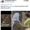 Screenshot of a tweet featuring a two-photo collage: a man and a woman in a green sari embracing in the left image, and two people shaking hands in the right image; a Hindi caption questions the occurrence."