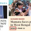 Newspaper collage: left page shows a man speaking under a 'POLITICS' banner; right page shows a crowd filming a protest and a headline about Mamata in West Bengal.