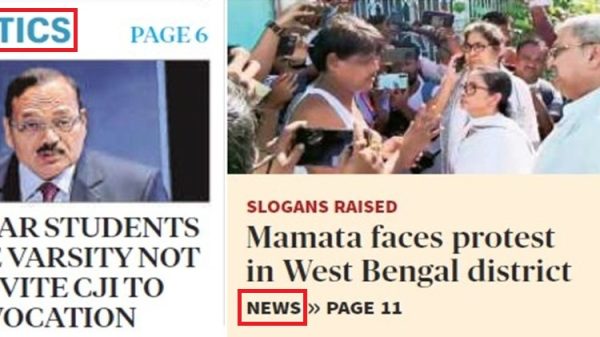 Newspaper collage: left page shows a man speaking under a 'POLITICS' banner; right page shows a crowd filming a protest and a headline about Mamata in West Bengal.