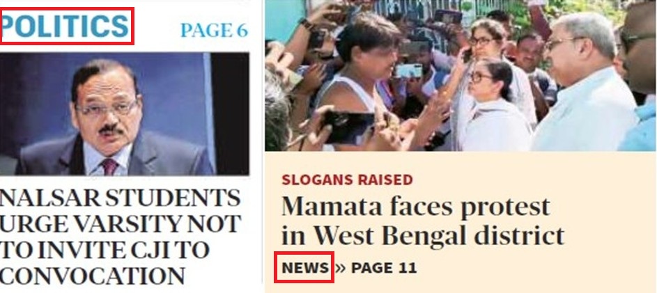 Newspaper collage: left page shows a man speaking under a 'POLITICS' banner; right page shows a crowd filming a protest and a headline about Mamata in West Bengal.