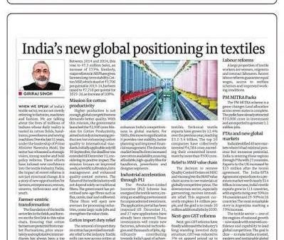 Newspaper article page with the headline 'India’s new global positioning in textiles', showing a portrait photo of a man and a wide photo of a textile mill.