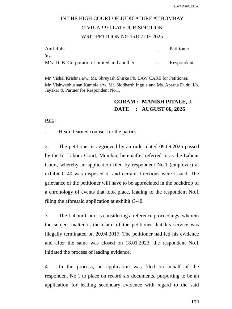 hc bombay | No. 1 Indian Media News Portal Cover page of a Bombay High Court writ petition: Anil Rahi v. M/s. D. B. Corporation Limited and others, Writ Petition No. 15107 of 2025, CORAM: Manish Pitale, J., Date: August 06, 2026.