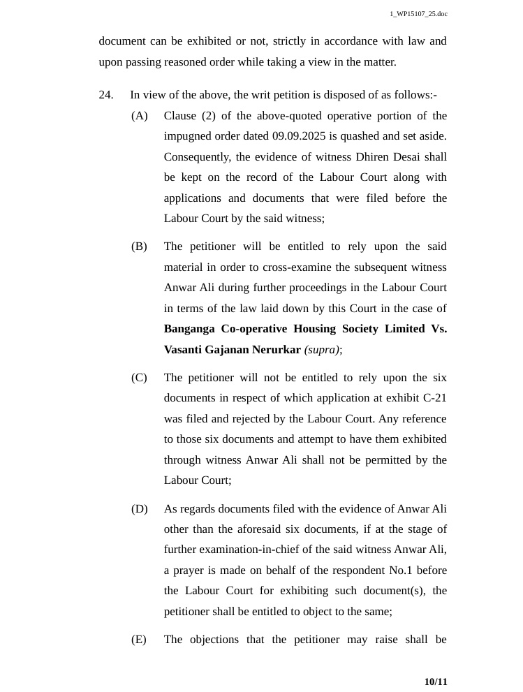 hc bombay_10 | No. 1 Indian Media News Portal Page showing clause 24 with subpoints (A–E) from a legal document, detailing procedures and cross-examination conditions in a Labour Court case.