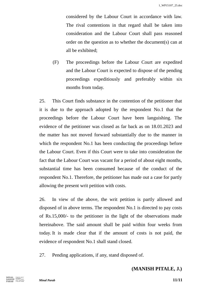 hc bombay_11 | No. 1 Indian Media News Portal Legal document page with sections 25–27 discussing costs and pending applications, signed by Manish Pitale, J., page 11/11.