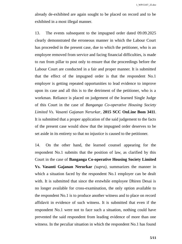 hc bombay_4 | No. 1 Indian Media News Portal Page from a legal document showing sections 13 and 14 with dense paragraphs about court orders and case citations; includes Banganga Co-operative Housing Society Limited vs Vasanti Gajanan Nerurkar (supra), 2015 SCC OnLine Bom 3411; footer shows page 5/11.