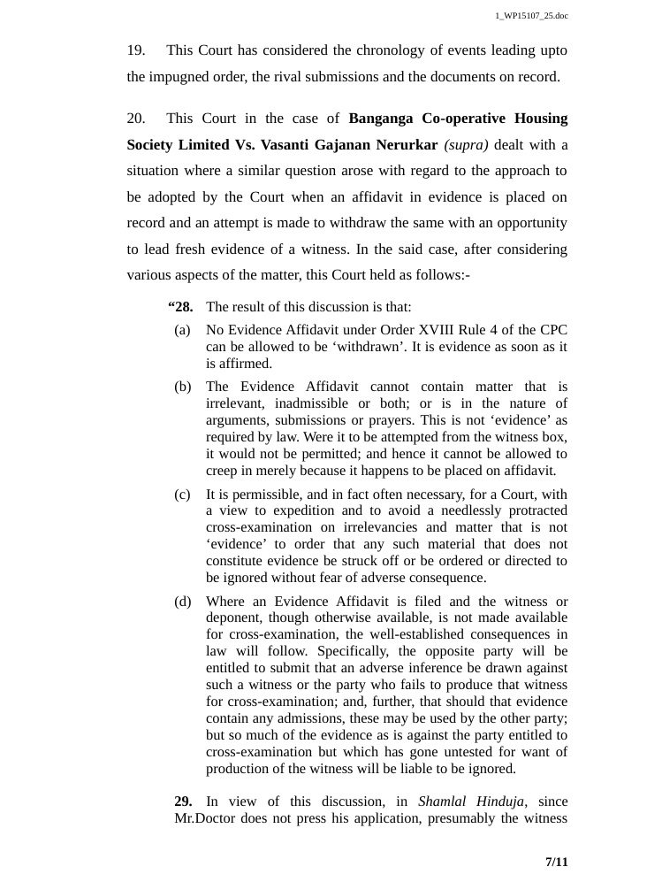 hc bombay_7 | No. 1 Indian Media News Portal Page from a court document showing sections 19–29, including the bold case title 'Banganga Co-operative Housing Society Limited Vs. Vasanti Gajanan Nerukar', and subsections (a)–(d) under section 28, plus section 29. Footer reads 7/11.
