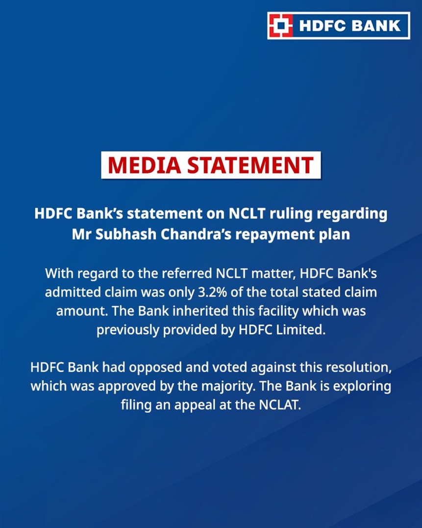 Blue background media statement from HDFC Bank about NCLT ruling on Subhash Chandra's repayment plan, with 'MEDIA STATEMENT' heading.