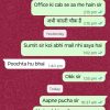 WhatsApp chat screenshot on a maroon patterned background, showing a dialogue about reporting to the office today at 2:00 PM, with green (sent) and white (received) message bubbles in English and Hindi, including replies like 'Okay sir' and 'Okk sir' and timestamps.