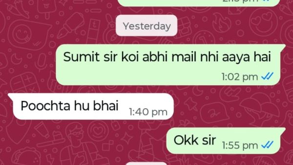 WhatsApp chat screenshot on a maroon patterned background, showing a dialogue about reporting to the office today at 2:00 PM, with green (sent) and white (received) message bubbles in English and Hindi, including replies like 'Okay sir' and 'Okk sir' and timestamps.