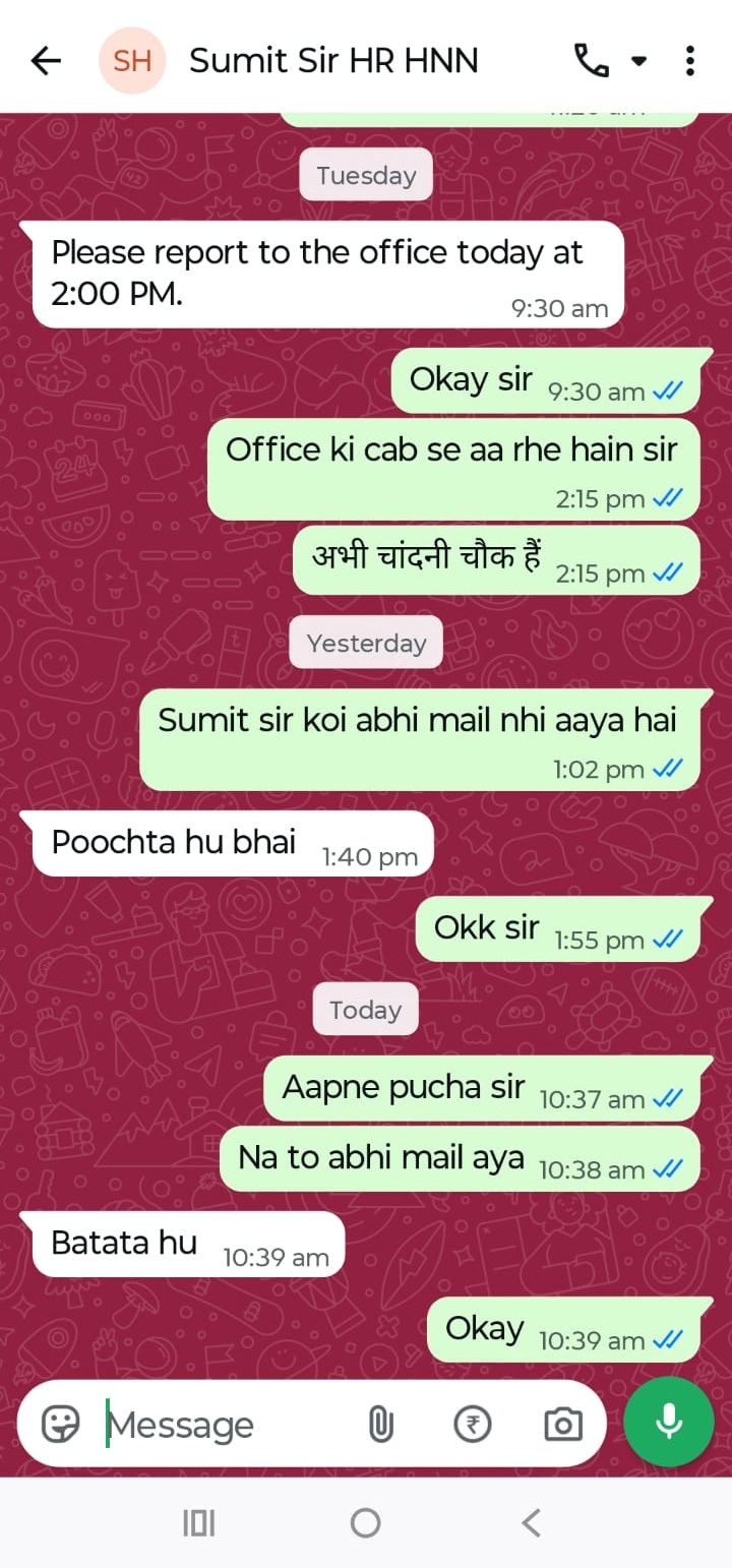 WhatsApp chat screenshot on a maroon patterned background, showing a dialogue about reporting to the office today at 2:00 PM, with green (sent) and white (received) message bubbles in English and Hindi, including replies like 'Okay sir' and 'Okk sir' and timestamps.