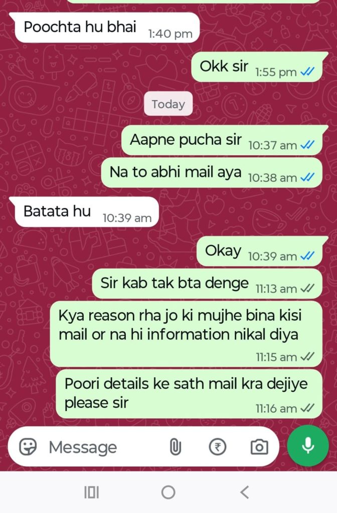 WhatsApp chat about sending mail with missing details; requests for full information and reason phrasing seen in messages