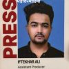 BBC News Hindi press badge showing a portrait of Iftekhar Ali, Assistant Producer, with 'PRESS' text and BBC logos in blue and red.