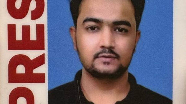 BBC News Hindi press badge showing a portrait of Iftekhar Ali, Assistant Producer, with 'PRESS' text and BBC logos in blue and red.