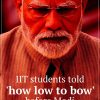 Close-up of Narendra Modi wearing glasses; red-tinted image with the headline 'IIT students told how low to bow before Modi'.