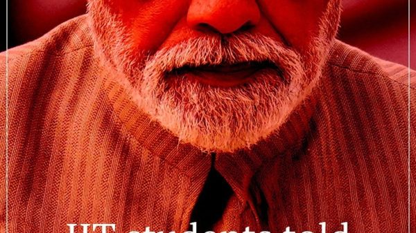 Close-up of Narendra Modi wearing glasses; red-tinted image with the headline 'IIT students told how low to bow before Modi'.
